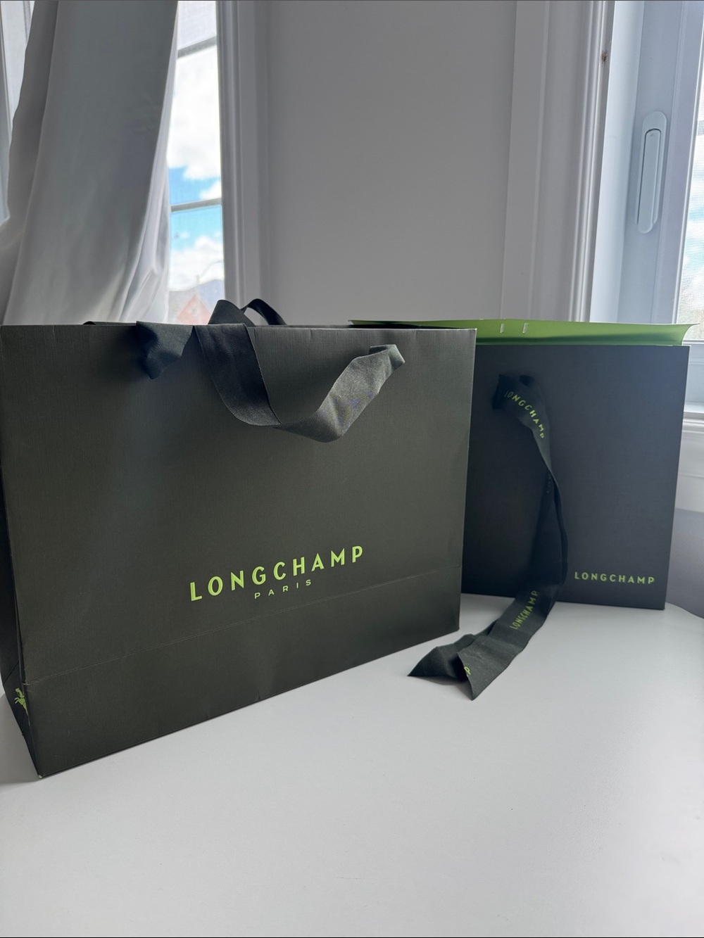 Longchamp Black Shopping Bags with Neon Green Logo
